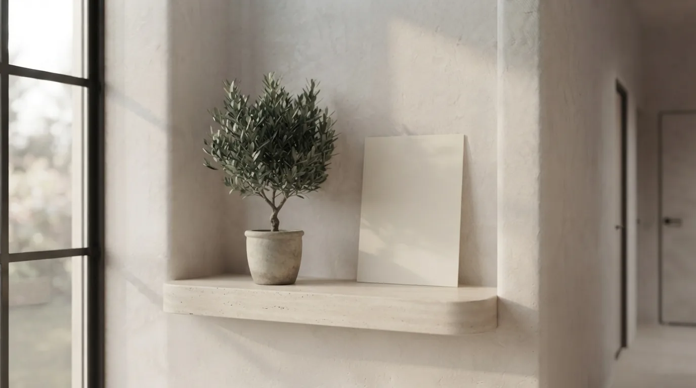 Olive tree and blank cream card on a travertine shelf.