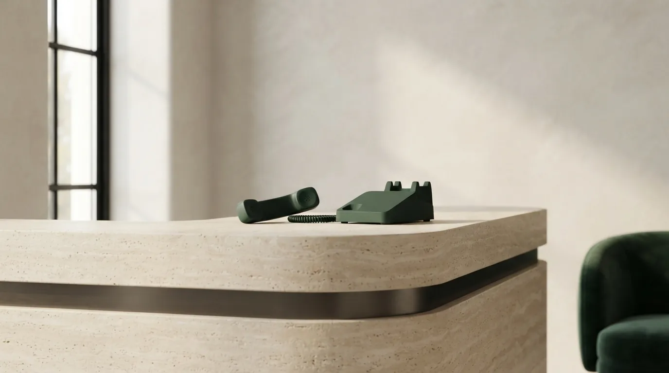 Green desk phone off the hook on a travertine reception counter.