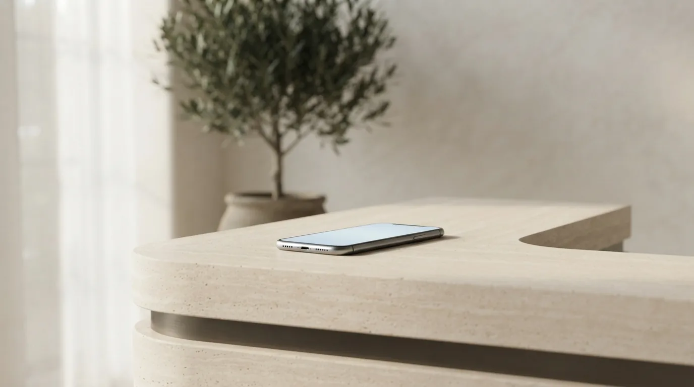 Smartphone glowing on a travertine counter beside an olive plant.