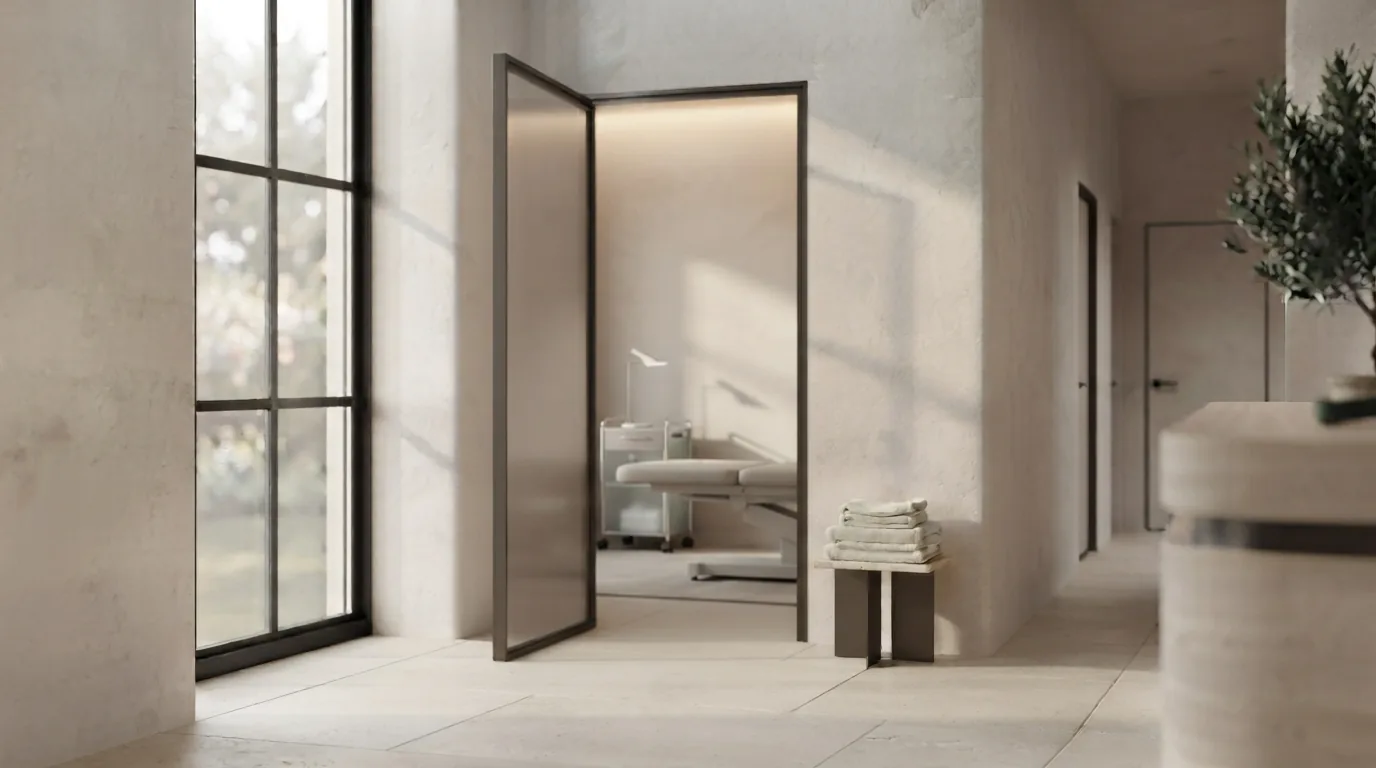 Treatment room door open with warm light and folded towels.